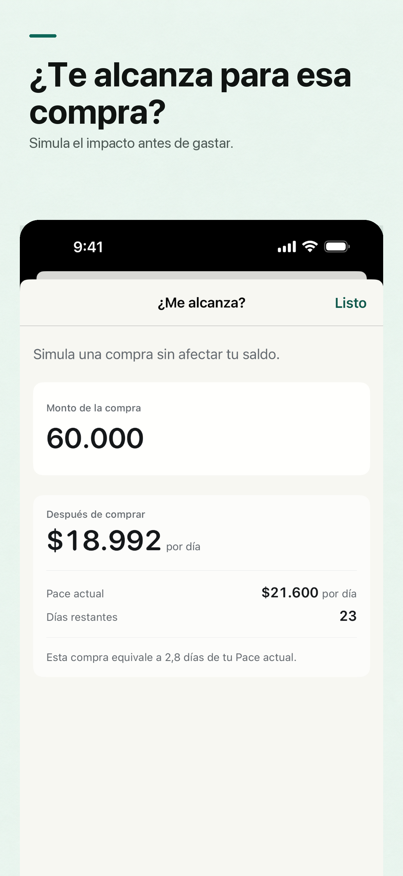 Pantalla ¿Me alcanza? simulando una compra