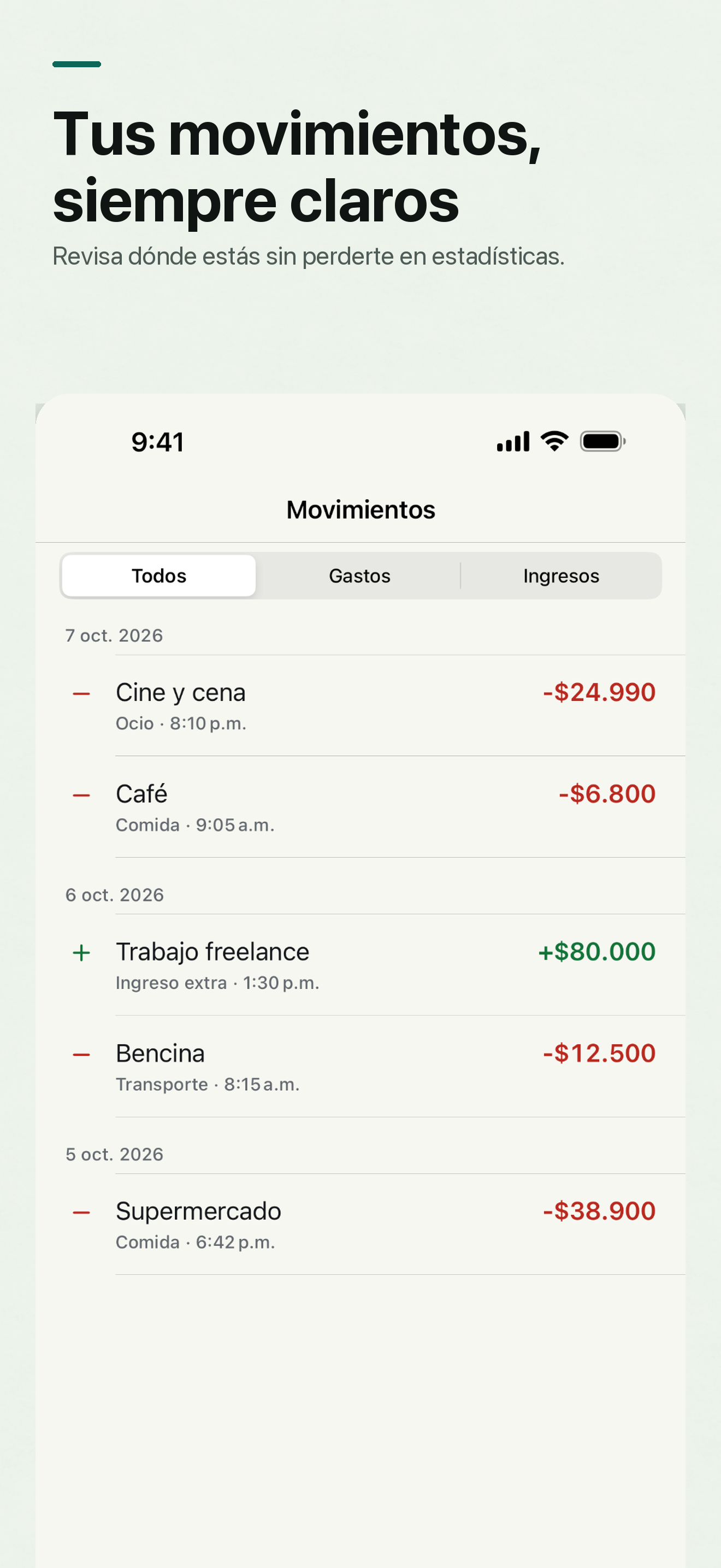 Lista de movimientos registrados en Pace
